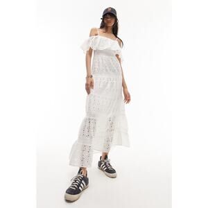 Topshop White Eyelet Off Shoulder Cottagecore Tiered Midi Dress SZ 8